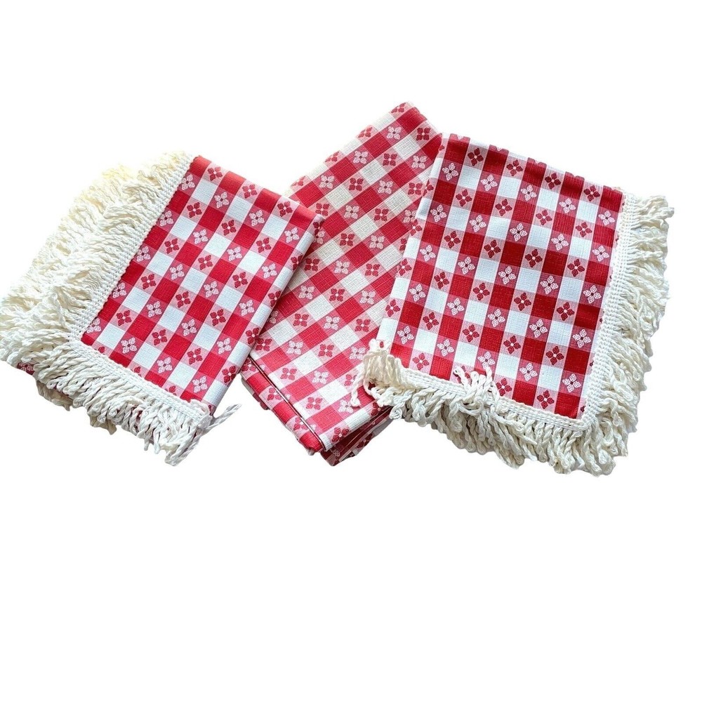 Vtg Leacock Pik-Nik-Pal Fringe Picnic Table & Bench Tablecloth Red Check 3Pc USA